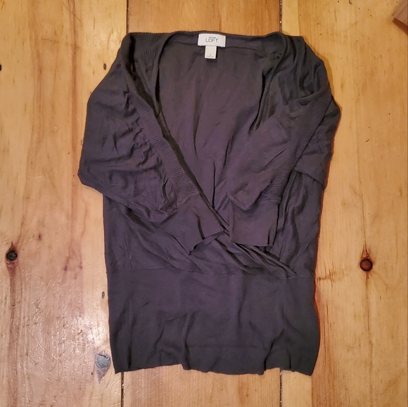 Medium Gray LOFT Faux Wrap Sweater with Ruched Sleeves - Picture 2 of 5